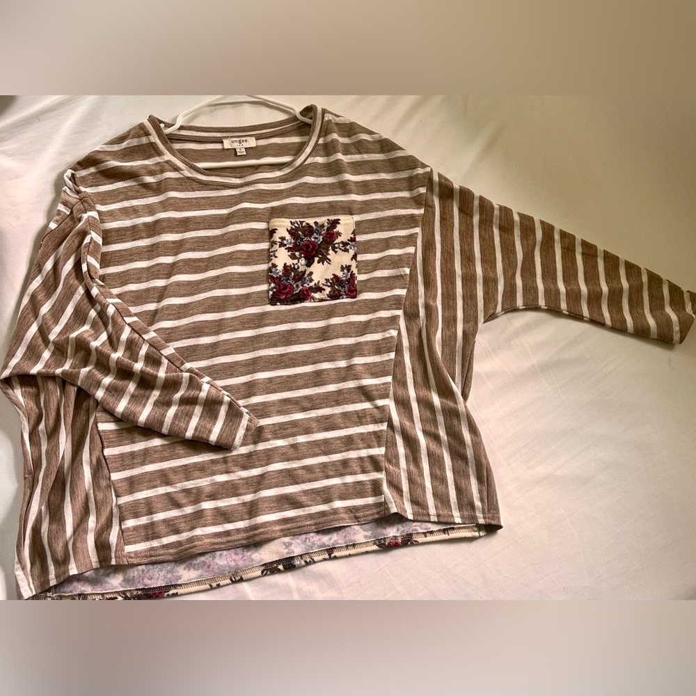 Umgee Brown and White Striped Blouse with Floral Pocket